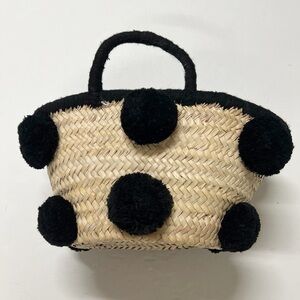 Woven Straw Big Pom Pom Detail Short Wrapped Handle Beach Bag
